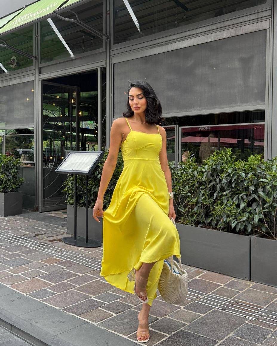 Gipeli Maxi Boy Askılı Elbise Sarı